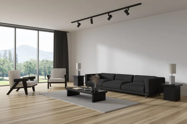 Corner view on bright living room interior with empty white wall, panoramic window, coffee table, sofa, armchairs, carpet, books, oak wooden floor. Concept of minimalist design. 3d rendering