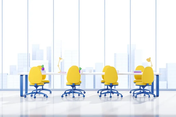 White Cartoon Conference Interior Yellow Armchairs Tools Board Concept Meeting — Stock Photo, Image