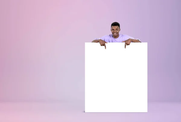 Black Smiling Man Fingers Pointing Blank Square Whiteboard Mockup Canvas — Stock Photo, Image