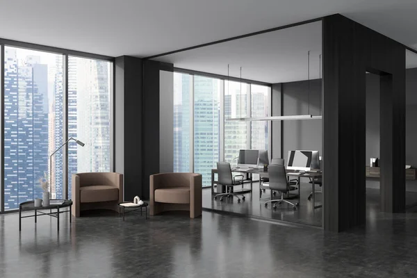 Business interior with chill zone and coworking space with pc computer, side view, glass doors. Panoramic window on Singapore city view. 3D rendering