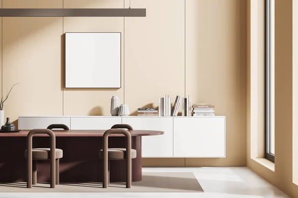Frontansicht Auf Helle Wohnzimmereinrichtung Mit Leerem Weißen Poster Tisch Sesseln — Stockfoto