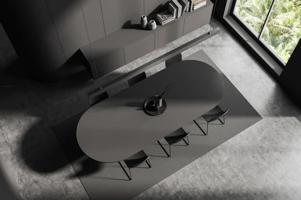 カーペット グレーのコンクリート床に椅子やボードで会議室のインテリアのトップビュー 熱帯のパノラマの窓 アートの装飾で描画します 3Dレンダリング — ストック写真