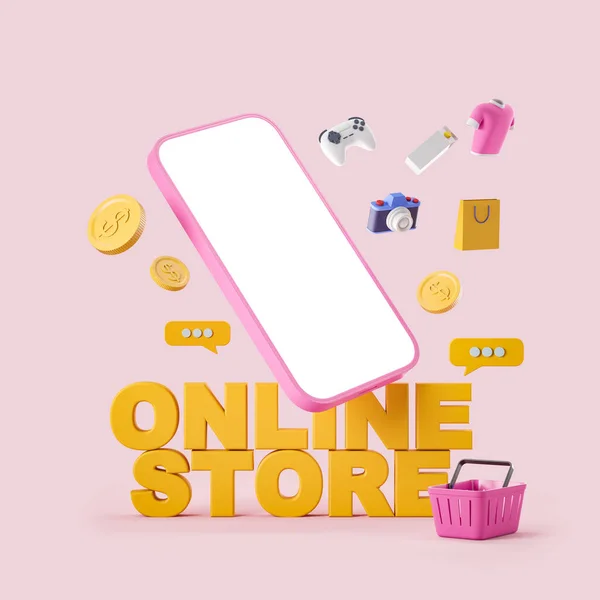 Phone mockup empty display with diverse goods and coins floating, chat bubble and shopping basket on pink background. Concept of shopping and mobile app. 3D rendering