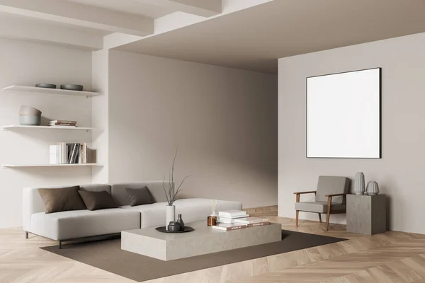 Corner view on bright living room interior with empty white poster, coffee table, sofa, armchair, bookshelf, white wall, oak wooden hardwood floor. Concept of minimalist design. Mock up. 3d rendering