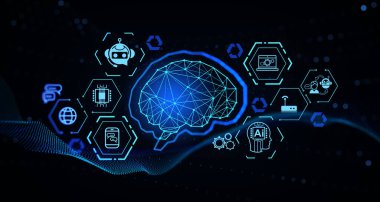 Yapay zeka beyni ve teknoloji simgeleriyle dijital hologram. Yapay zeka, sohbet robotu, bağlantı ve sanal asistan. Makine öğrenme ve araştırma kavramı. 3B resimleme