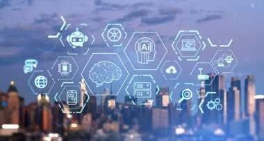 New York silueti bulanık, yapay zekaya sahip dijital hologram yapay zeka ve sohbet robotları. Makine öğrenme, iş araştırması ve akıllı teknoloji kavramı 