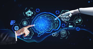 İnsan ve robot parmakları yapay zeka ile dijital holograma dokunuyor, parlak fütüristik teknoloji simgeleri. Yapay zeka, yenilik ve sanal asistan. Makine öğrenme kavramı