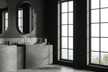 Gri duvarları, beton zemini, iki büyük lavabosu ve üzerinde iki dikey aynası olan şık bir banyonun köşesi. 3d oluşturma