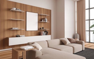 Beyaz ve ahşap duvarları, ahşap zemini, rahat bej koltuğu ve üzerinde asılı dikey maket posteri olan modern oturma odasının içi. 3d oluşturma