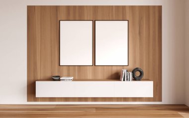 Oturma odasının içinde yüzen büfe, kitaplar ve minimalist sanat süslemeleri var. Şık bir tasarım ve ahşap döşeme. Sıraya dizilmiş iki tane tuval posteri. 3B görüntüleme