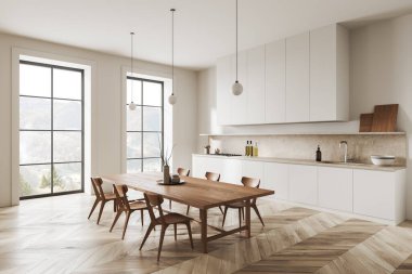 Beyaz duvarları, ahşap zemini ve lavabo ve fırından yapılmış beyaz dolapları olan modern mutfağın içi. Sandalyeli uzun bir yemek masası. 3d oluşturma