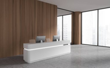 Resepsiyon masası ve iki bilgisayarlı modern ofis içi, yan görünüşü gri beton zemin. Singapur gökdelenlerinin panoramik penceresi. Uzay duvarını kopyala. 3B görüntüleme