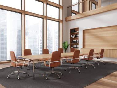 Wooden office meeting interior with chairs and wooden board, carpet on hardwood floor. Conference corner with shelf and panoramic window on skyscrapers. 3D rendering clipart