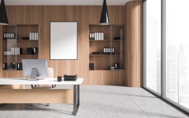 Masasında bilgisayar olan şık bir ofis odası, dolapları ve klasörleri olan bir CEO. Şehir manzarasında panoramik pencere. Tuvalin maketi posteri. 3B görüntüleme