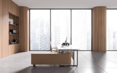 Modern CEO ofisinin yan görüntüsü açık tahta duvarlar, beton zemin, bilgisayar masası ve klasörlü kitaplıklar. 3d oluşturma