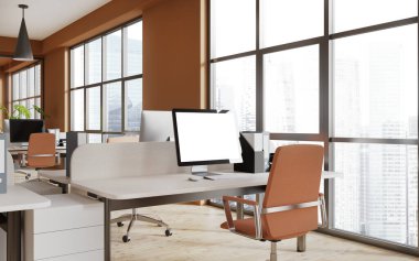Turuncu duvarlı, beyaz masalı ve üzerinde bilgisayar ekranı olan şık bir ofis. Reklam kavramı. 3d oluşturma