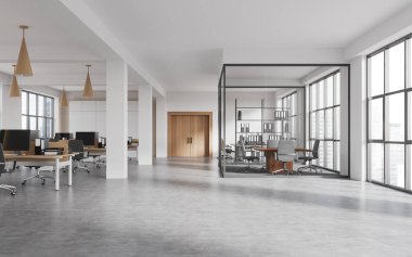 Beyaz ofis iç mimarisi, iş birliği ve konferans salonu cam kapılar ardında, gri beton zemin. Gökdelenlerde panoramik penceresi olan modern şirket çalışma alanı. 3B görüntüleme