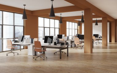 Koltuklar ve bilgisayar sıranın üzerinde, yan görünüm parke zemin üzerinde açık alan ortak çalışma iç mekanı. Singapur 'da panoramik pencereli bir şirket odası. 3B görüntüleme