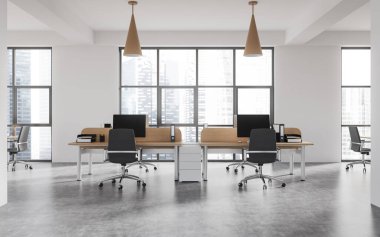 Beyaz iç mekan, koltuklar ve masa üzerinde bilgisayar, gri beton zemin. Singapur 'da panoramik pencereli şirket çalışma alanı. 3B görüntüleme