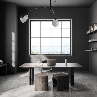 Gri duvarları, beton zemini, rahat bilgisayar masası ve büyük pencereli şık bir ofis. 3d oluşturma
