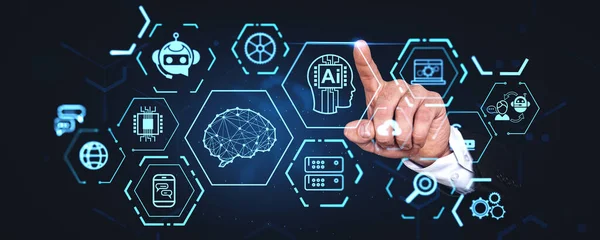 Man finger touch virtual screen with digital hologram, AI brain and chat bot icons, artificial intelligence and smart technology. Concept of machine learning and blockchain
