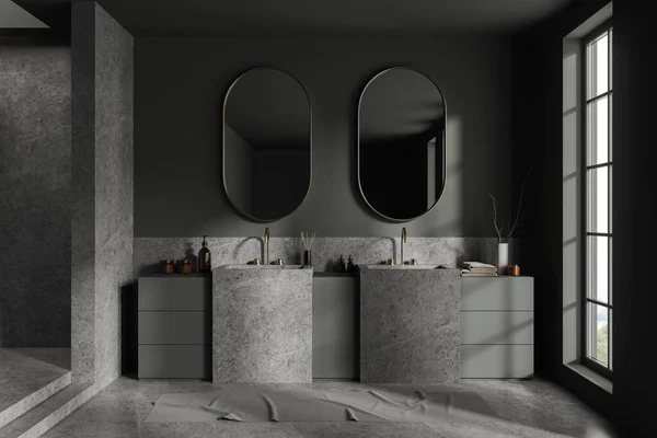 时尚浴室的内部有灰色墙壁 混凝土地面 两个巨大的水池和两个垂直的镜子挂在上面 3D渲染 — 图库照片
