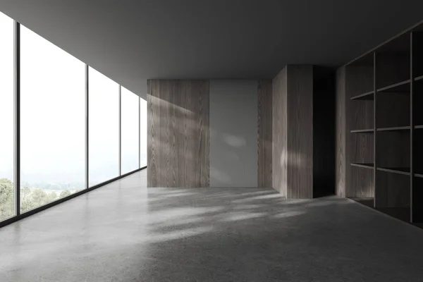 Interior Quarto Vazio Com Paredes Cinza Madeira Piso Concreto Prateleiras — Fotografia de Stock