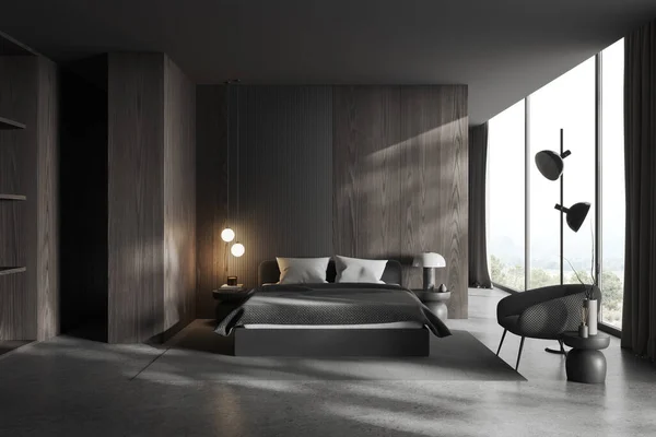 Современная Внутренняя Кровать Спальне Ковре Серый Бетонный Пол Спальня Панорамным — стоковое фото