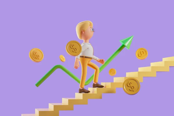 Görüntüleme Çizgi Film Karakteri Adam Sarı Merdivene Tırmanıyor Altın Paralar — Stok fotoğraf