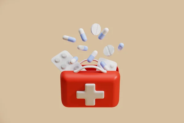Červená Lékárnička Pilulkami Léky Béžovém Pozadí Pojem Nouze Zdravotní Péče — Stock fotografie
