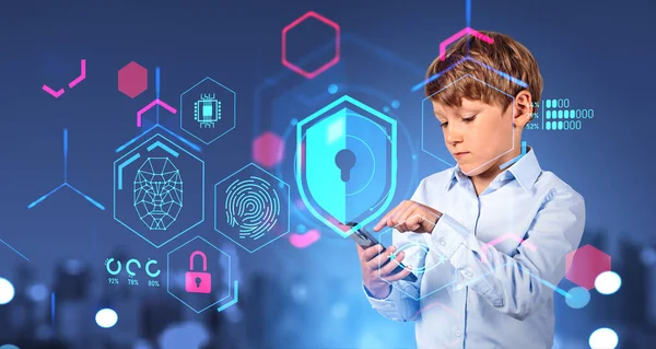 Serious Child Using Phone Finger Touch Screen Glowing Protective Shield — Stock Photo, Image