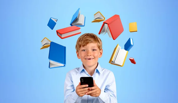 Smiling School Kid Portrait Smartphone Hands Flying Colorful Books Icons — Stock Photo, Image