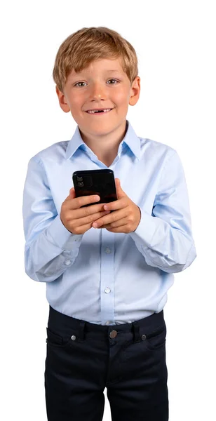 Glücklicher Junge Mit Smartphone Der Hand Porträt Beim Videospielen Und — Stockfoto