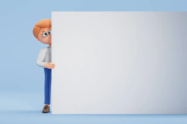 卡通人物站在蓝色背景的白色模拟墙后面 广告的概念 3D渲染 — 图库照片