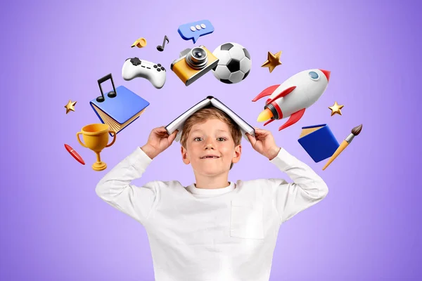School Boy Holding Book Head Looking Camera Different Multimedia Icons — Stock Photo, Image
