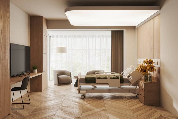 Interior of modern hospital ward with white and wooden walls, wooden floor, hospital bed, two armchairs and round coffee table. 3d rendering