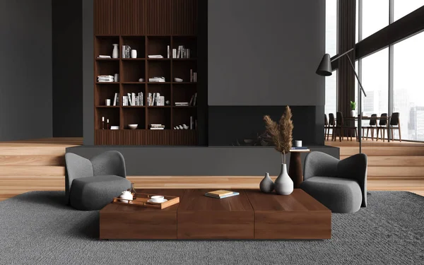 Dark living room interior with armchairs and coffee table, shelf with books. Dining table on podium with chairs, hardwood floor. Panoramic window on city view. 3D rendering
