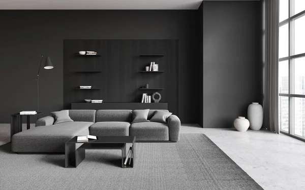 Dark Living Room Interior Soft Place Sofa Shelf Minimalist Decoration — Stock Photo, Image