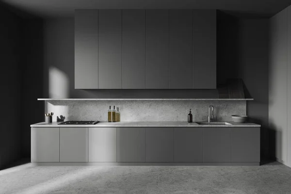 콘크리트 회색캐 이있는 부엌의 내부는 싱크대와 요리실로 렌더링 — 스톡 사진
