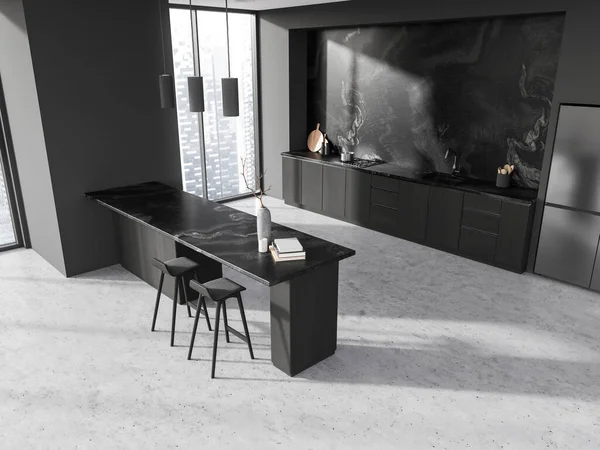 Top View Stylish Kitchen Gray Marble Walls Concrete Floor Dark — Stock Photo, Image