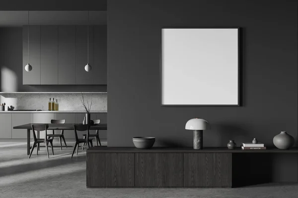 Dark Kitchen Interior Sideboard Decoration Dinner Table Chairs Grey Concrete — Stock Photo, Image