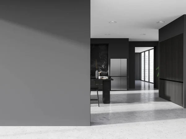 白色和黑色的家庭厨房内部与酒吧岛 烹饪空间与冰箱灰色混凝土地板 摩天大楼上的全景窗户 模拟空墙分区 3D渲染 — 图库照片