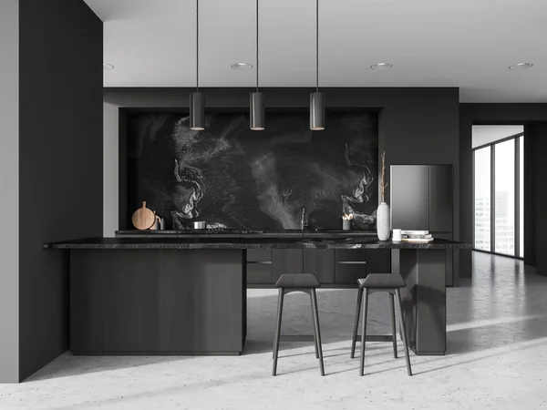 Interior Cozinha Casa Escura Com Bar Ilha Decoração Espaço Para — Fotografia de Stock