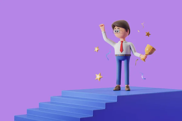 Rendering Cartoon Character Man Raised Fist Gold Champion Cup Stairs — Stock Photo, Image