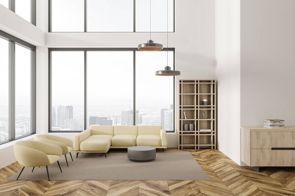 White living room interior with sofa and armchairs, sideboard and shelf with decoration on hardwood floor. Chill zone with panoramic window on Singapore skyscrapers. 3D rendering