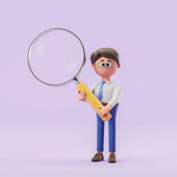 Cartoon businessman holding big magnifying glass over purple background. Concept of search and planning. 3d rendering