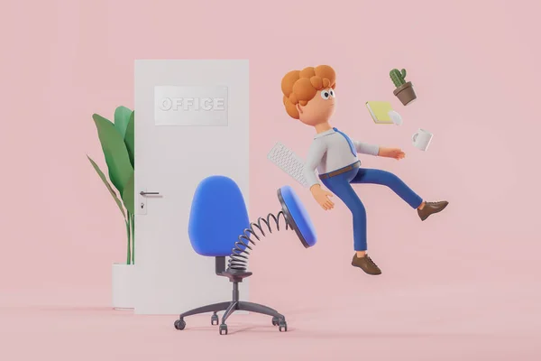 3D渲染 卡通人物被公司开除 被公司开除 办公室门和粉红背景的飞行用品 解雇的概念和取代说明 — 图库照片