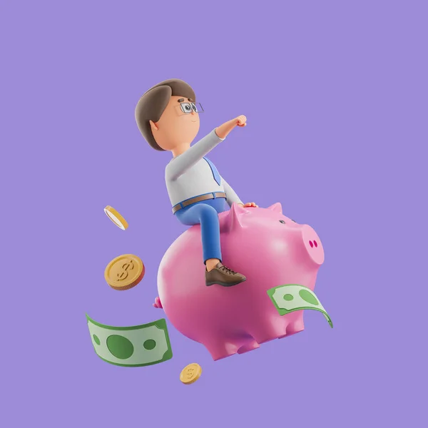 Rendering Cartoon Character Businessman Take Piggy Moneybox Falling Coins Green — Stock Photo, Image