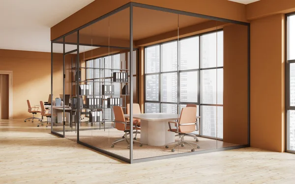 Orange office interior with conference table behind glass box doors, side view. Coworking zone with pc computer and shelf, panoramic window on Singapore skyscrapers. 3D rendering