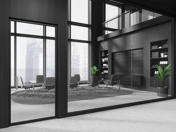 黑暗的商业会议内部与扶手椅和板 侧视图玻璃门和地毯灰色混凝土地板 有摩天大楼全景窗口的会议角落 3D渲染 — 图库照片